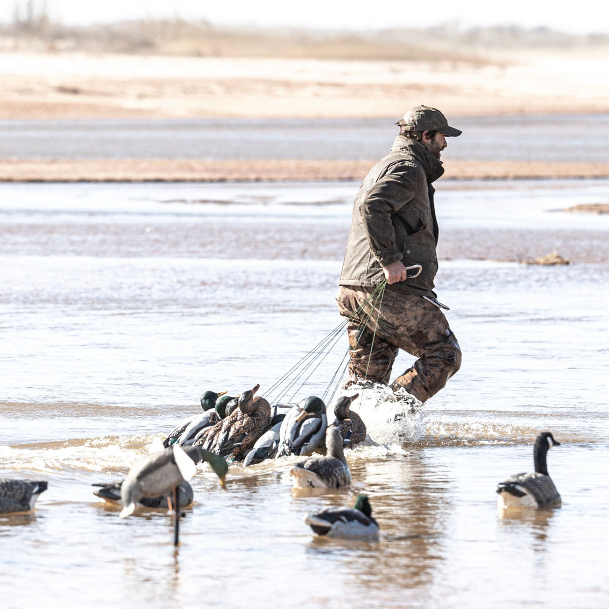 A man in a Tom Beckbe Fowler Jacket wades through water, pulling duck decoys behind him.