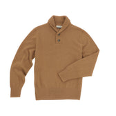 The Tom Beckbe Henry Shawl Sweater in camel royal alpaca, with two buttons, laid flat on a white background.