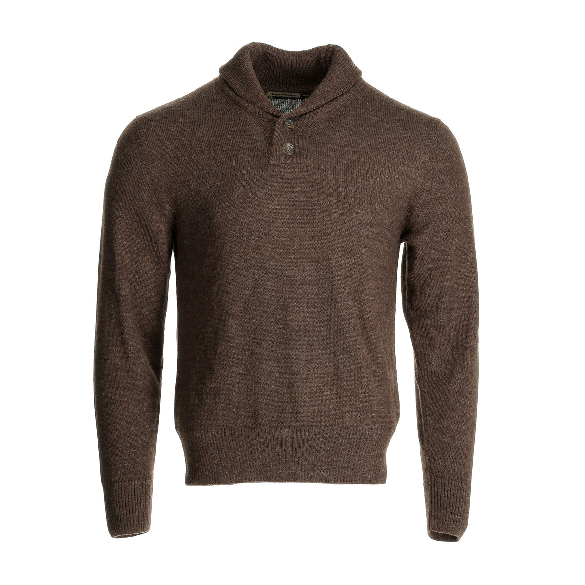 Chestnut Heather Henry Shawl Sweater in Royal Alpaca by Tom Beckbe, men’s, two-button, on a white background.
