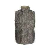 Tom Beckbes Kinsman Vest in Mossy Oak Original Bottomland features a high collar and pockets, perfect for outerwear or field gear.