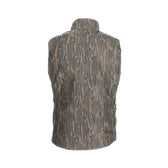 Back view of Tom Beckbes Kinsman Vest in Mossy Oak Original Bottomland, sleeveless with a high collar, on a white background.