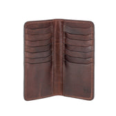 Tom Beckbe Leather Billfold, brown full-grain leather, empty and open flat with multiple card slots on white background.