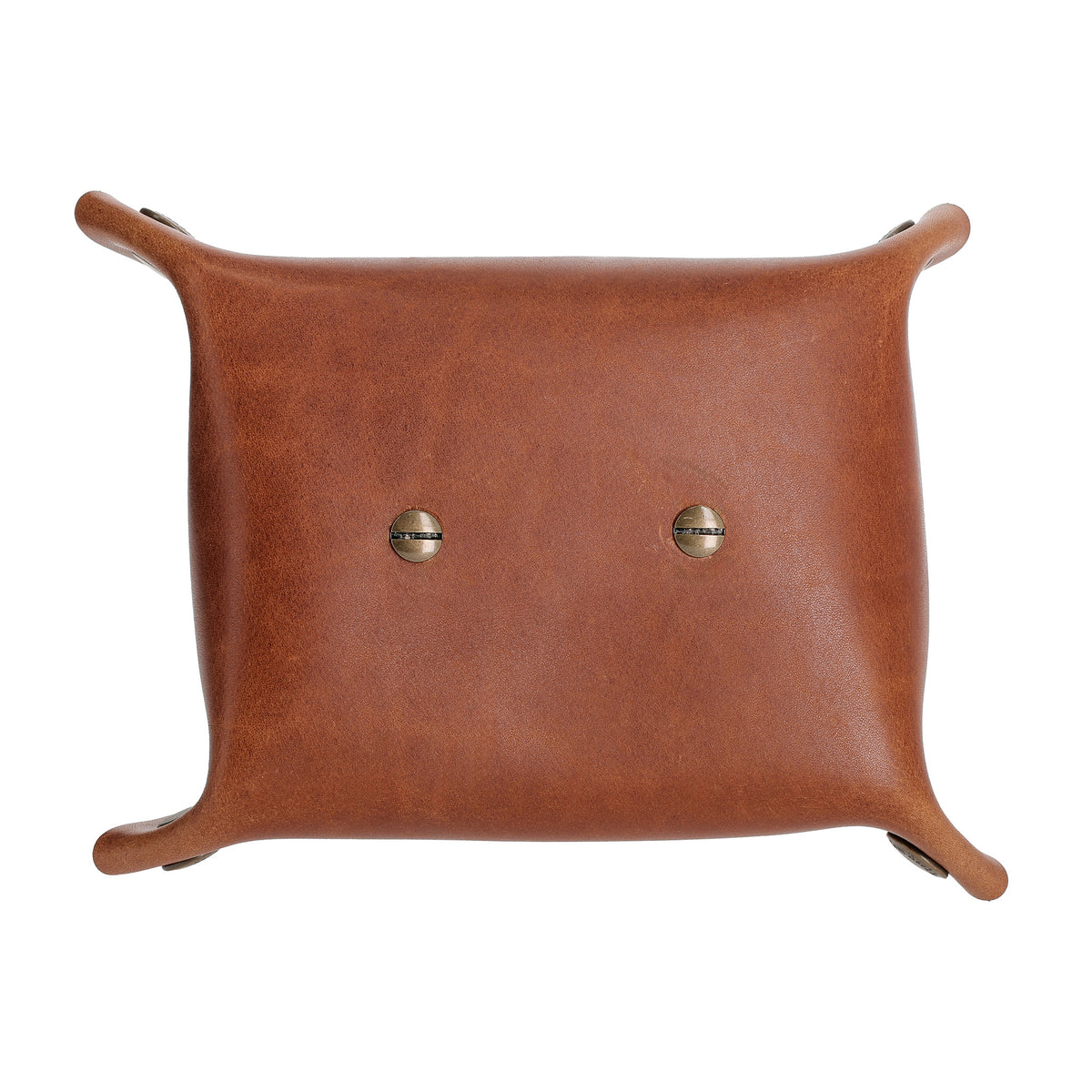 Tom Beckbe Leather Change Tray—rectangular, raised corners, US leather, metal rivets, top view.