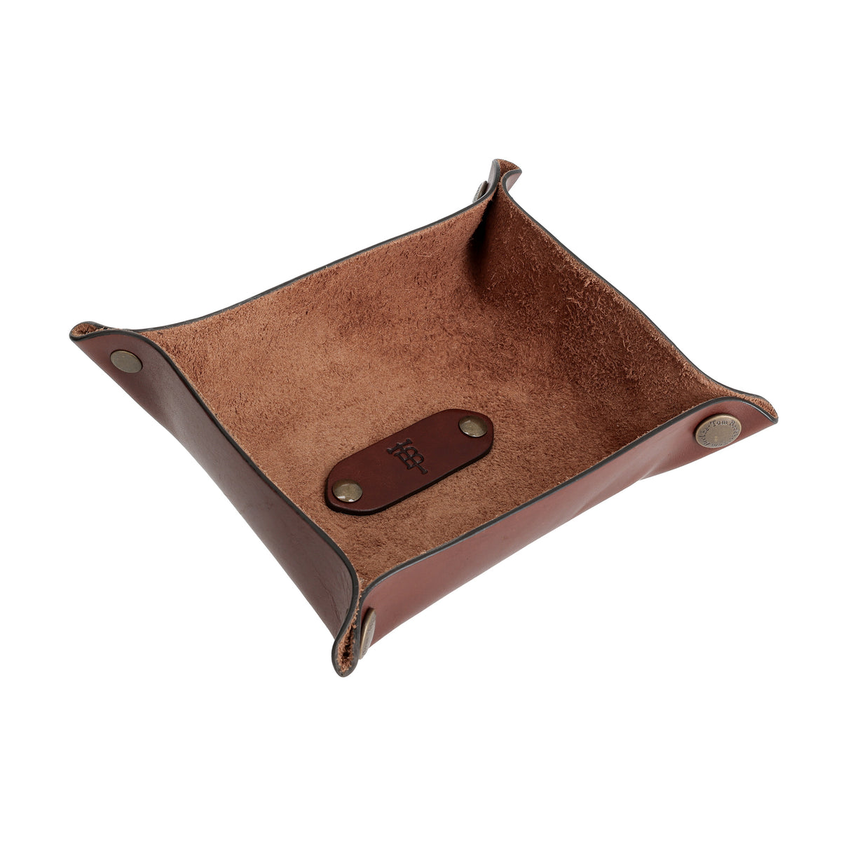 Tom Beckbe Oak Leather Change Tray with snap buttons, suede interior, logo patch, crafted from American leather.