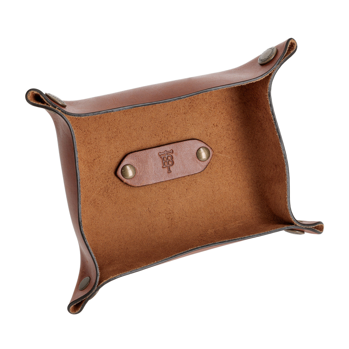 Tom Beckbe Leather Change Tray: brown leather, brass snaps, stamped logo visible inside.