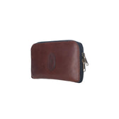 Tom Beckbes Brown Leather Fly Wallet features dual metal zippers and a stitched emblem, crafted from premium materials.