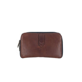 Tom Beckbes Leather Fly Wallet is brown with a zip-around design and central tab detail, crafted from quality materials.