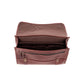 Open brown leather satchel with buckles, front zipper pocket, and multiple interior compartments and dividers visible.