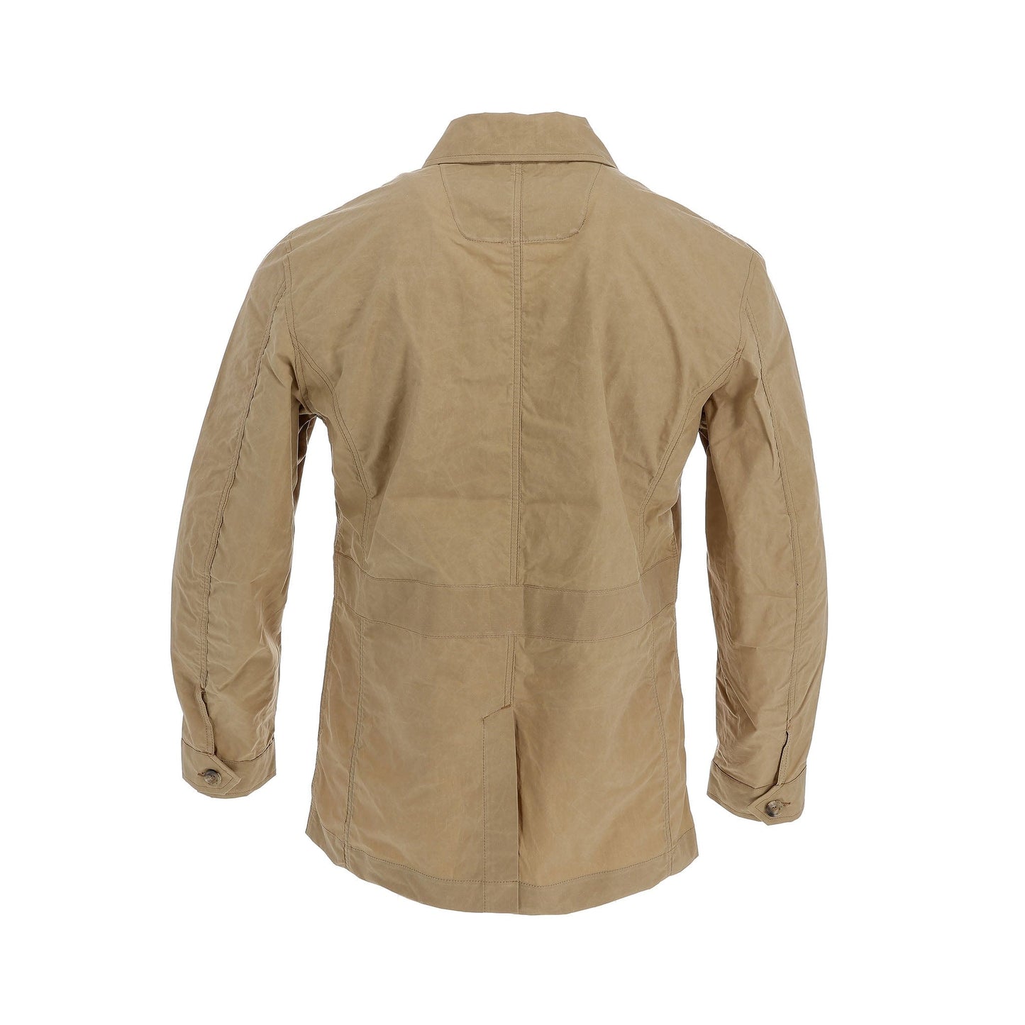 Back view of the beige Livingston Jacket by Tom Beckbe. It features a collar, buttoned cuffs, and a waist seam. The waxed cotton fabric or similar material makes it ideal for outdoor use.