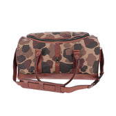 Tom Beckbe Classic Camo Weekender Duffel Bag with leather straps, handles, and a central zipper pocket.