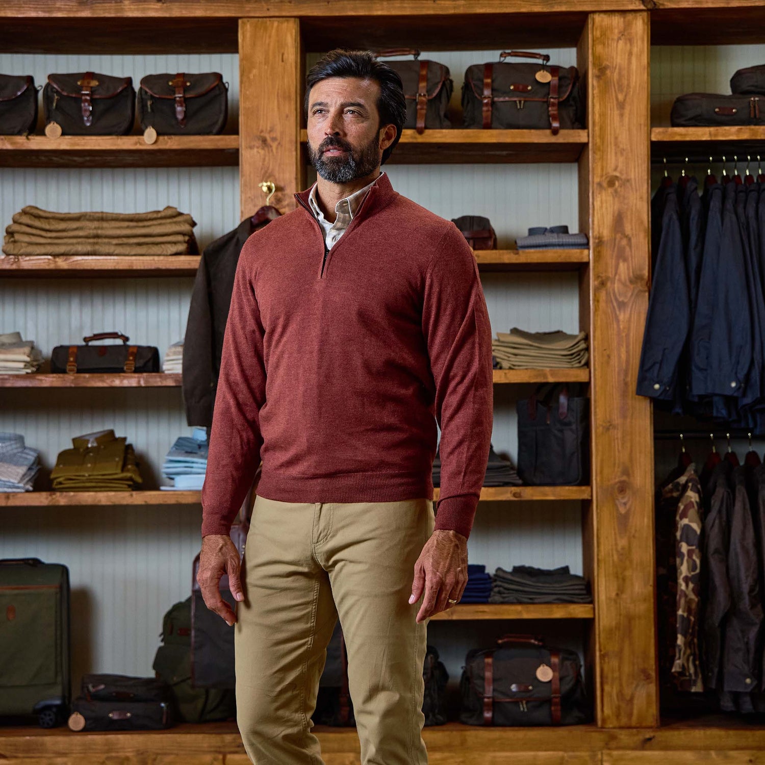 quarter zip over dress shirt The Mercer | Off White The Cashmere Touch Australian Merino Quarter Zip Sweater is the ultimate layering piece to complete any gentlemans wardrobe York Merino Quarter Zip, Brick