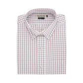 Monroe Poplin Shirt by Tom Beckbe: classic fit white shirt with red grid pattern, breathable cotton, brand label on collar.