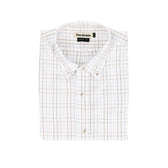 The Monroe Poplin Shirt from Tom Beckbe is a breathable cotton, pocketed white shirt with blue and brown grid patterns.