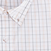 Close-up of the Monroe Poplin Shirt by Tom Beckbe, featuring a breathable cotton, collared, light grey and beige plaid design.