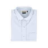 Monroe Poplin Shirt: light blue cotton, front pocket, brand label in collar by Tom Beckbe on white background.