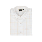 Monroe Poplin Shirt by Tom Beckbe: folded white cotton shirt with orange and grey grid on a plain white background.