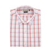 Tom Beckbes Monroe Poplin Shirt is a folded plaid button-up in breathable cotton, featuring a red, blue, and white pattern.