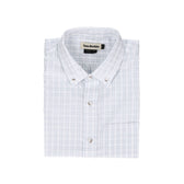 Monroe Poplin Shirt by Tom Beckbe: white, breathable cotton with light blue plaid and branded collar.