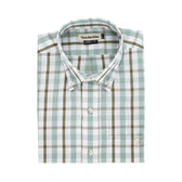 Tom Beckbes Monroe Poplin Shirt: Folded, breathable cotton with green, brown, and white plaid. Collar and brand label visible.