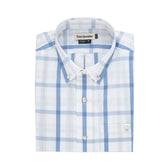 Tom Beckbes Monroe Poplin Shirt in blue and white checks, classic fit with a pocket, shown on a white backdrop.