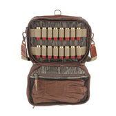 A Tom Beckbe Canvas Blind Bag in Mossy Oak Original Bottomland with open compartments for shells and gloves.