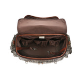 Top view of a Tom Beckbe Canvas Field Bag in Mossy Oak with inside pockets and clips on a white background.