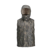 Tom Beckbes Fowler Vest in Mossy Oak Bottomland, with front pockets and button closures, shown on a white backdrop.