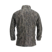 Back view of Tom Beckbes Tensaw Jacket in Mossy Oak Original Bottomland, featuring long sleeves and a stand-up collar.