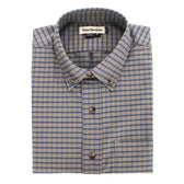 The Culver Oxford Shirt by Tom Beckbe features a blue and beige check, 100% cotton, and a visible collar label.