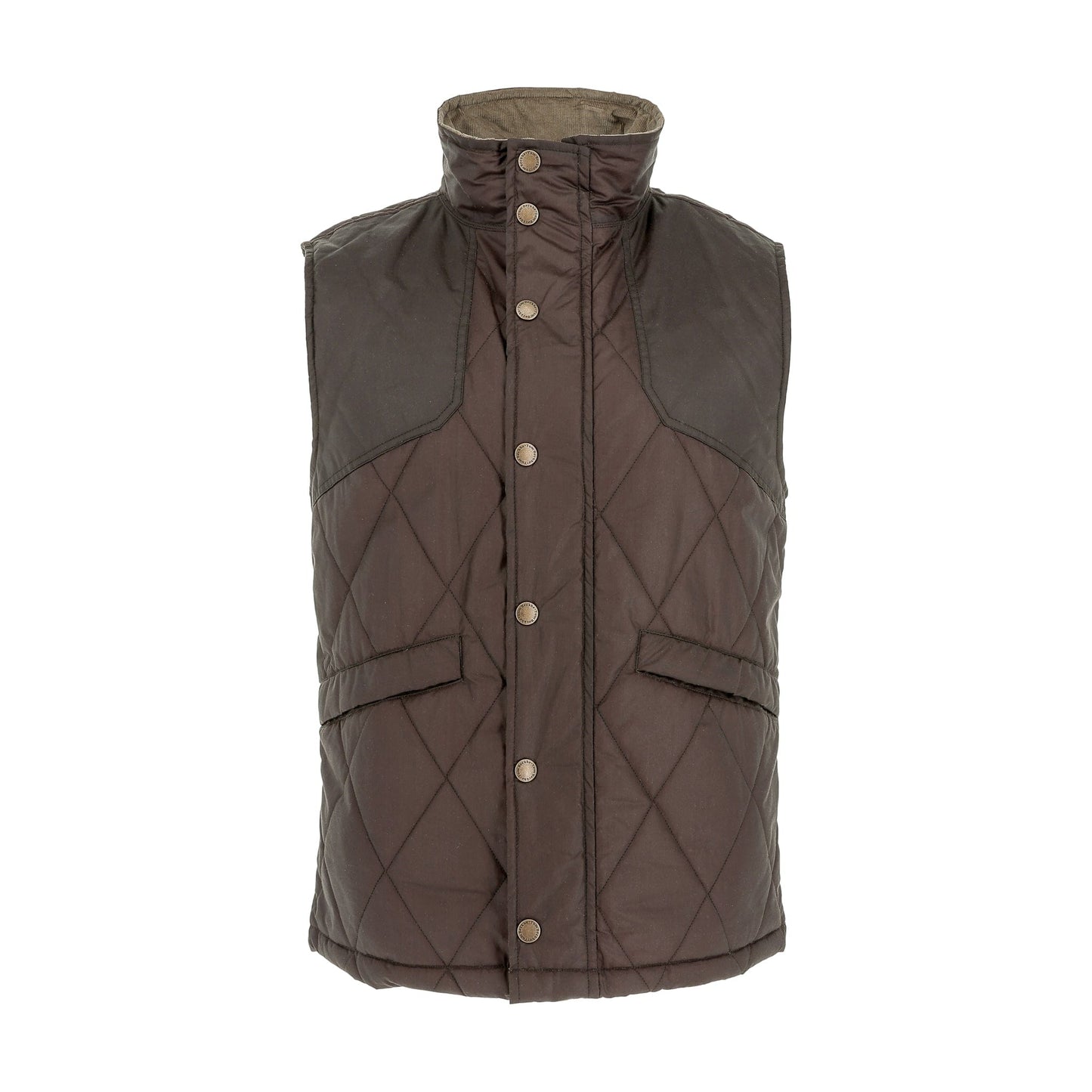 Tom Beckbe Paddock Quilted Vest in Rye Brown with snap buttons, front flap pockets, and a high collar.