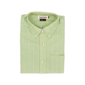 Folded green checkered Powell Performance Shirt by Tom Beckbe, medium size, button-up with pocket and UPF 30+ protection.