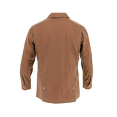 Back view of the Tom Beckbe Piedmont Jacket in brown waxed cotton, featuring buttoned cuffs and a straight hem.