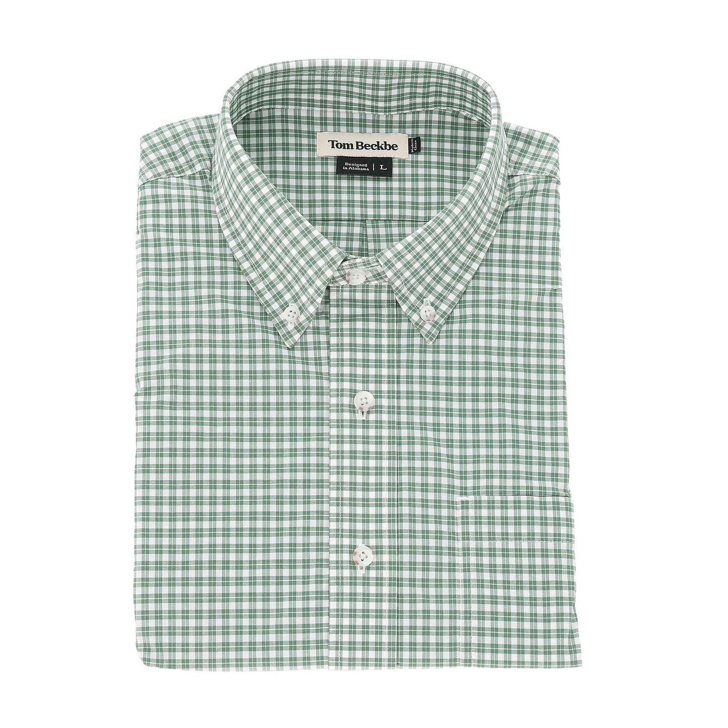 The folded green and white Tom Beckbe Powell Performance Shirt is lightweight with UPF 30+.