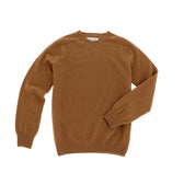 The Saunders Crewneck Sweater by Tom Beckbe is a brown men’s wool sweater with long sleeves, ribbed cuffs, and hem.