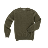 The Saunders Crewneck Sweater by Tom Beckbe: men’s long-sleeve olive green wool, shown flat on white background.