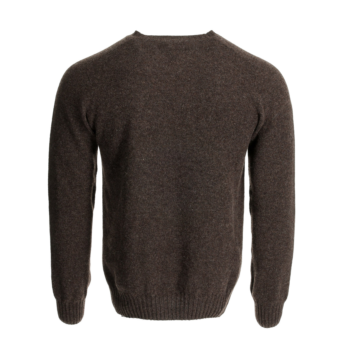 Back view of Tom Beckbe Saunders Crewneck, a brown men’s wool sweater with long sleeves on a white background.