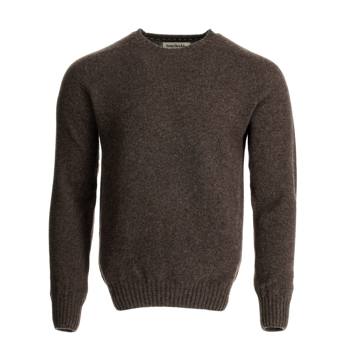 Tom Beckbe Saunders Crewneck Sweater in Porcupine, men’s wool with ribbed cuffs and hem on a white background.