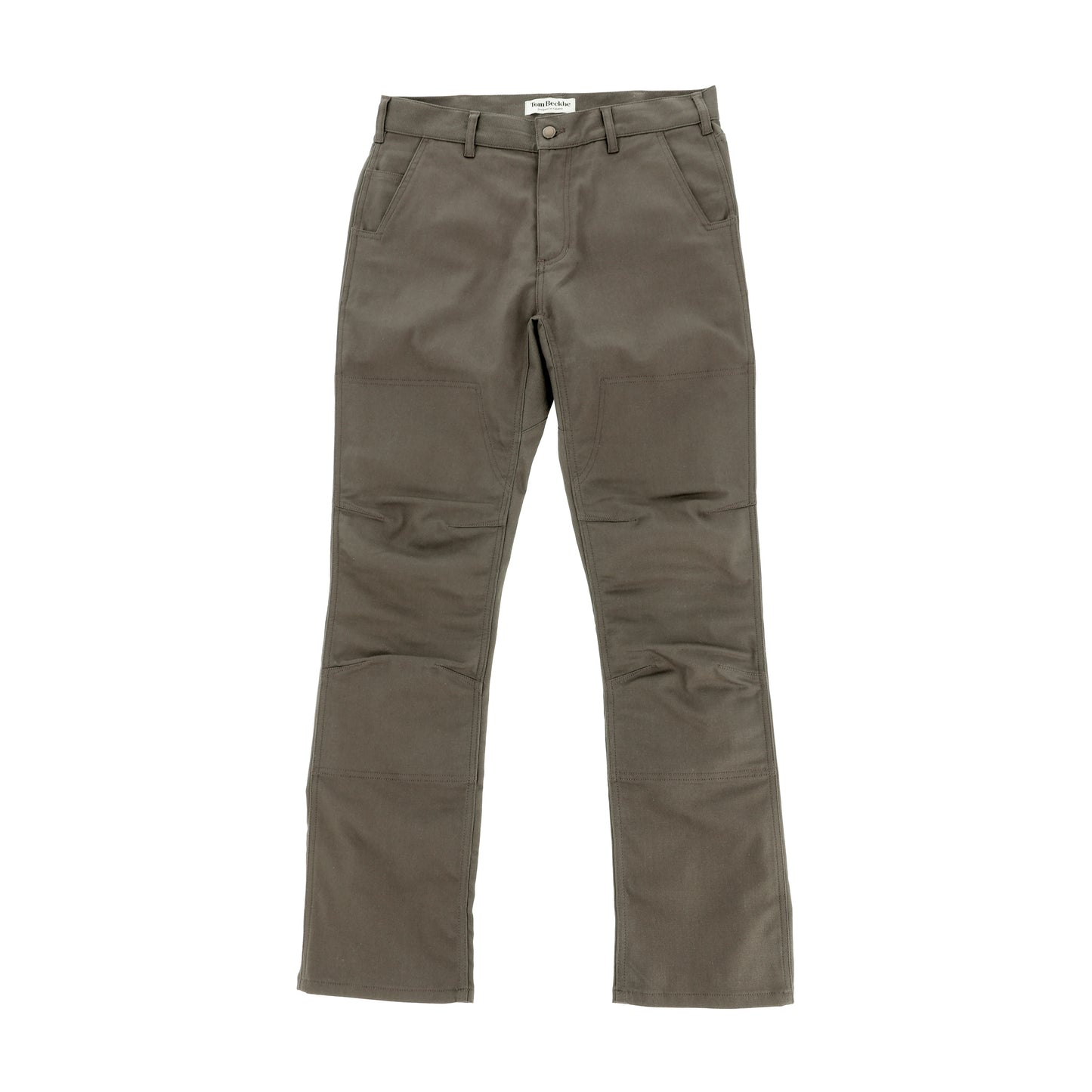 The Tom Beckbe Stafford Double Front Pant for men in olive green cotton canvas, shown flat with pockets on white.