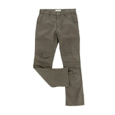 The Tom Beckbe Stafford Double Front Pant in brown canvas, shown flat with one leg slightly folded and pocket details.