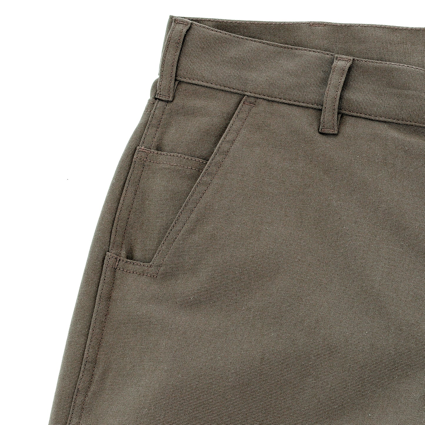 Close-up of Tom Beckbe Stafford Double Front Pant for men showing waistband, belt loop, and front pocket.