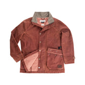 Tom Beckbes Fox Red Tensaw Jacket in waxed cotton has a button front, large pockets, and a contrasting gray collar.