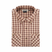 Tom Beckbes Tidewater Shirt: A plaid short-sleeve with brown/cream checks, collar, and two chest pockets.
