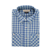 The Tidewater Shirt by Tom Beckbe, a blue and white plaid design, offers UPF 30+ and features a folded collar label.