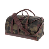 Tom Beckbe Classic Camo Weekender Duffel Bag with brown leather handles, made from durable waxed cotton canvas.