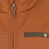 Close-up of a brown zip-up jacket with a metal zipper and a buttoned pocket featuring a dark trim.