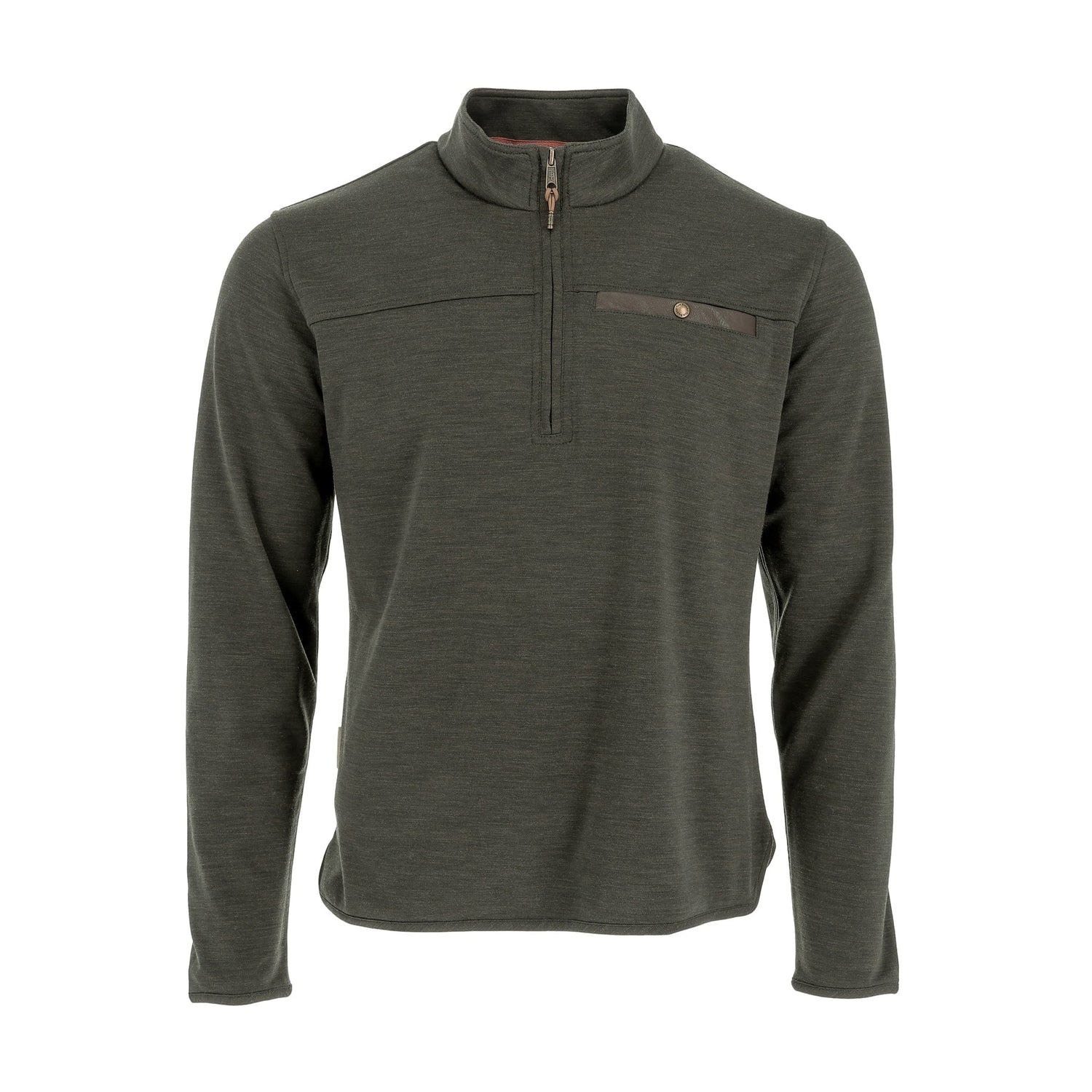 Tom Beckbe Tucker Fleece Quarter Zip in peat green with buttoned chest pocket, ideal for three-season wear.
