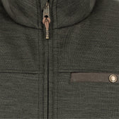 Close-up of the Tom Beckbe Tucker Fleece Quarter Zip in dark green with a chest button pocket and textured fabric.