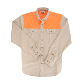 Tom Beckbe Uplander mens field shirt, durable cotton Oxford weave, beige/orange, 2 chest pockets, buttoned cuffs.
