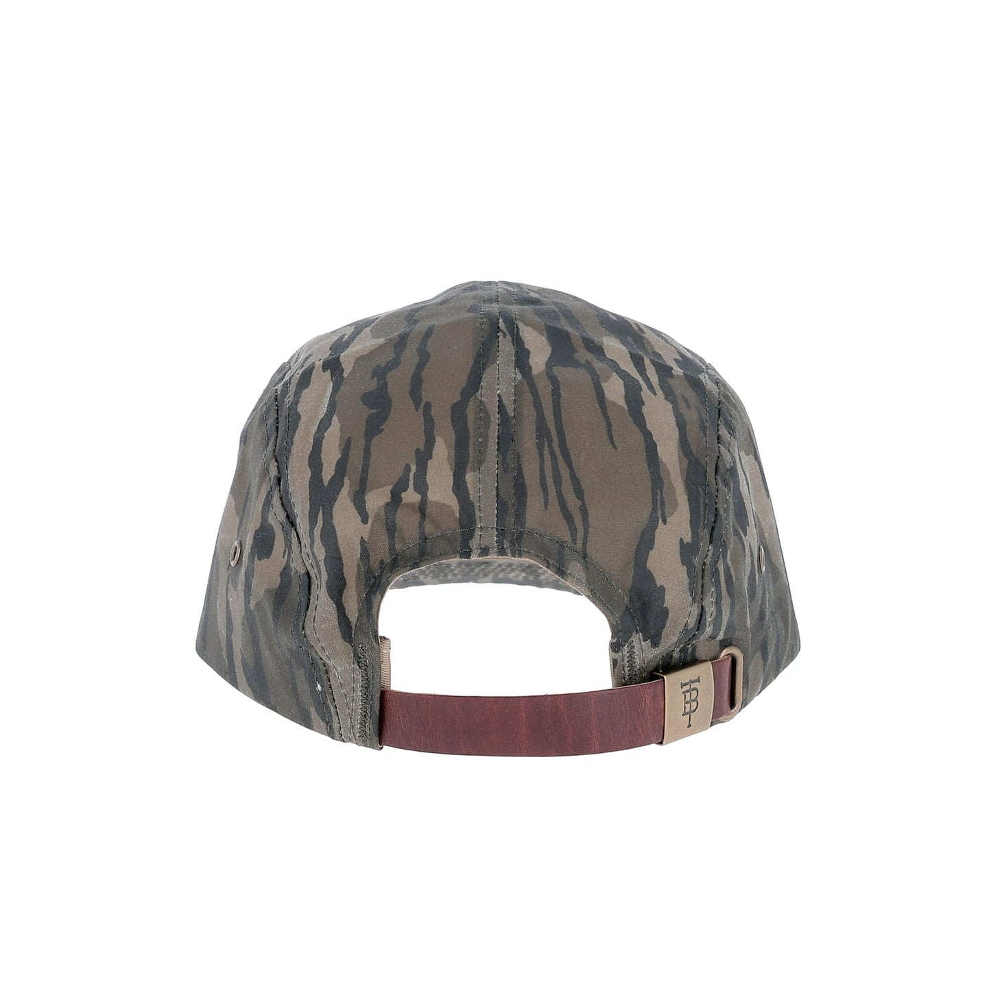 Back view of Tom Beckbe Waxed Cotton Ramsey Cap in Mossy Oak Original Bottomland with adjustable brown strap and metal clasp.