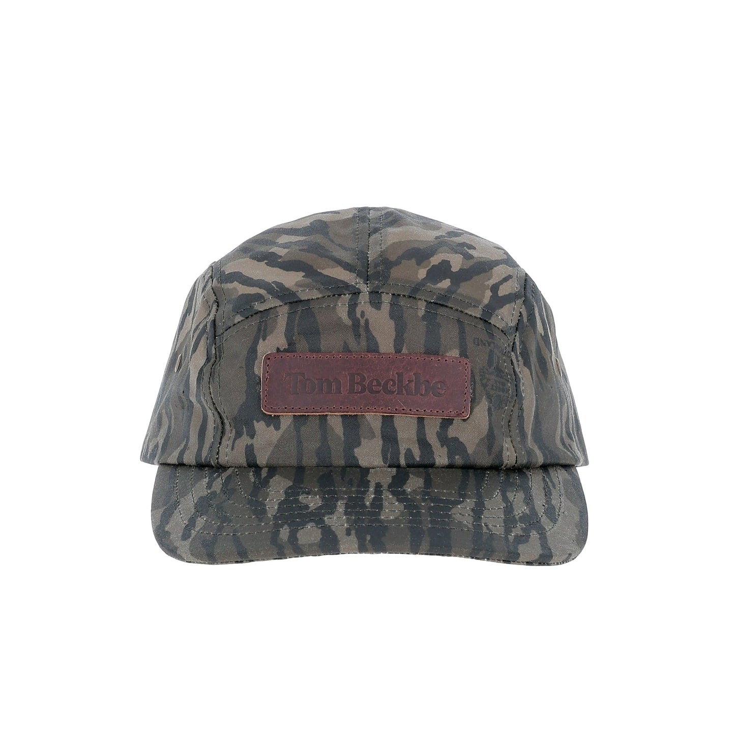 Tom Beckbe Waxed Cotton Ramsey Cap in Mossy Oak Original Bottomland with a brown leather front patch.